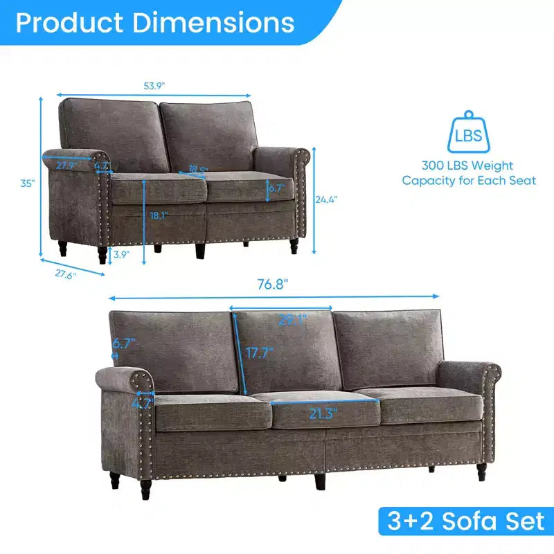 Mjkone 2 Piece Living Room Sofa Set with Riveted Design,Chenille W76''3-Seater Sofa Couch with W53''Loveseat Sofa