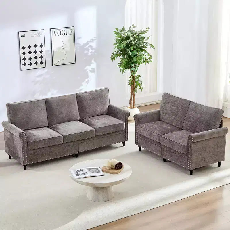Mjkone 2 Piece Living Room Sofa Set with Riveted Design,Chenille W76''3-Seater Sofa Couch with W53''Loveseat Sofa