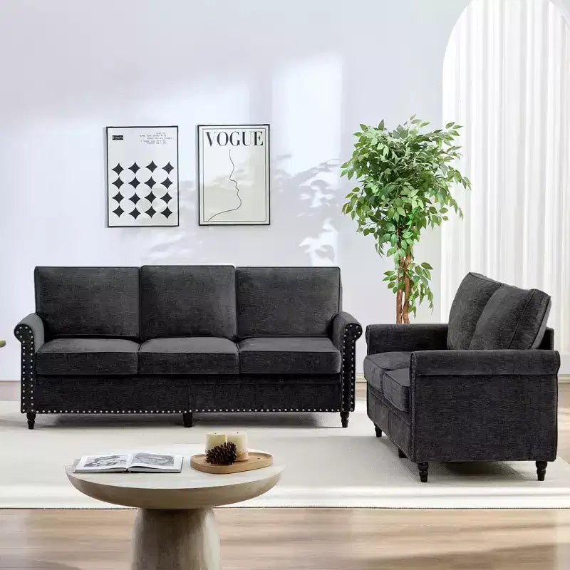 Mjkone 2 Piece Living Room Sofa Set with Riveted Design,Chenille W76''3-Seater Sofa Couch with W53''Loveseat Sofa