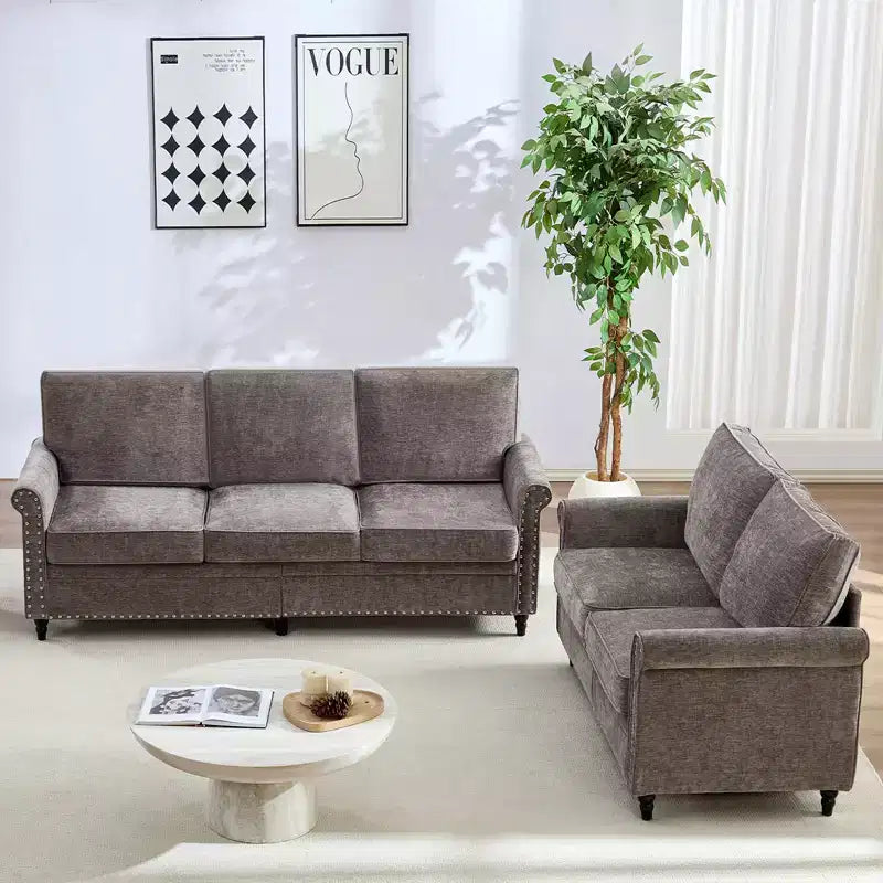 Mjkone 2 Piece Living Room Sofa Set with Riveted Design,Chenille W76''3-Seater Sofa Couch with W53''Loveseat Sofa