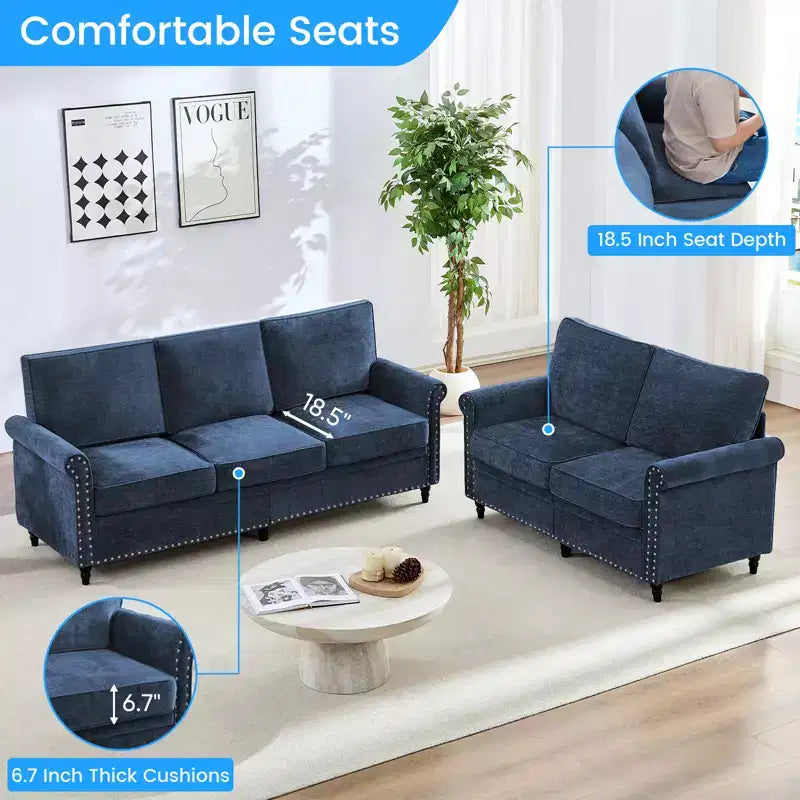 Mjkone 2 Piece Living Room Sofa Set with Riveted Design,Chenille W76''3-Seater Sofa Couch with W53''Loveseat Sofa