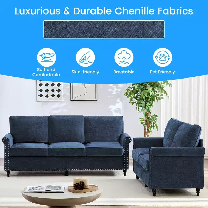 Mjkone 2 Piece Living Room Sofa Set with Riveted Design,Chenille W76''3-Seater Sofa Couch with W53''Loveseat Sofa
