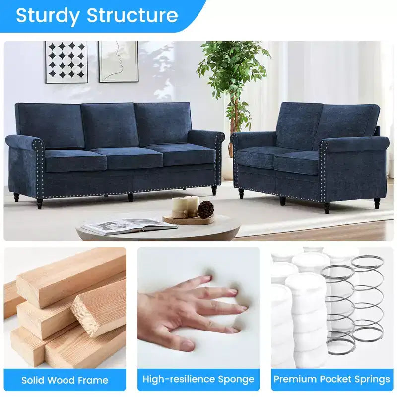 Mjkone 2 Piece Living Room Sofa Set with Riveted Design,Chenille W76''3-Seater Sofa Couch with W53''Loveseat Sofa