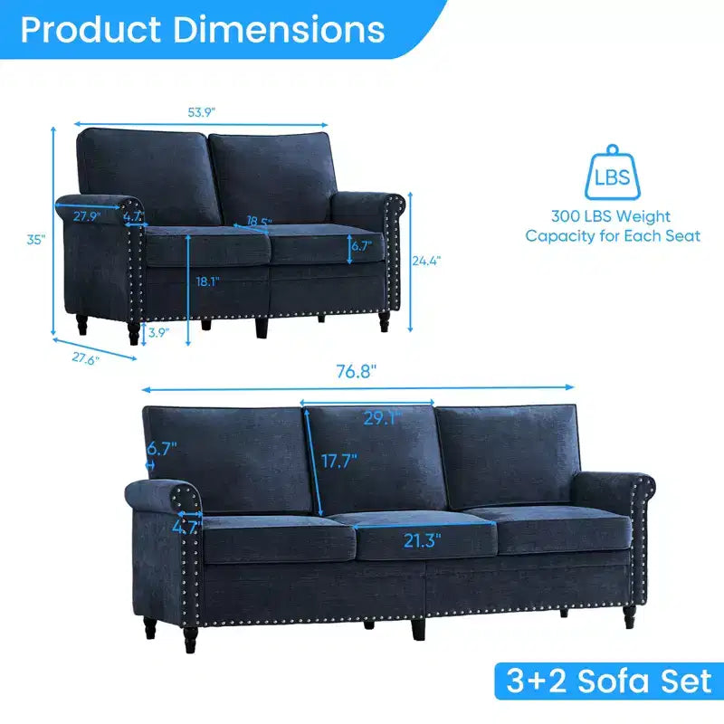 Mjkone 2 Piece Living Room Sofa Set with Riveted Design,Chenille W76''3-Seater Sofa Couch with W53''Loveseat Sofa