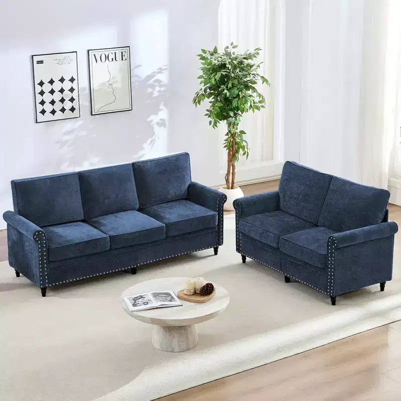 Mjkone 2 Piece Living Room Sofa Set with Riveted Design,Chenille W76''3-Seater Sofa Couch with W53''Loveseat Sofa