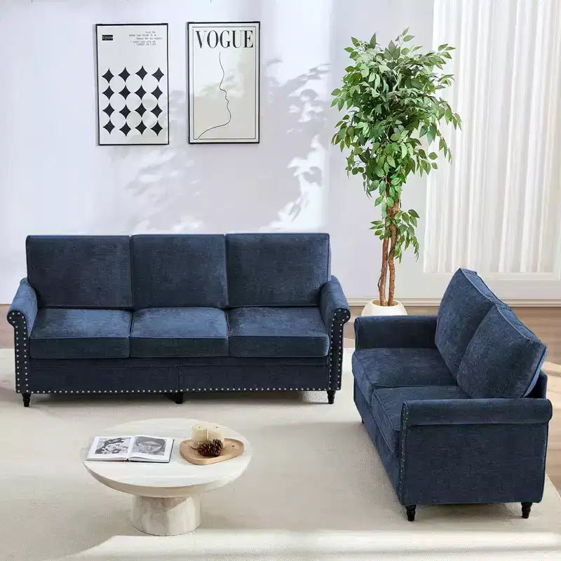 Mjkone 2 Piece Living Room Sofa Set with Riveted Design,Chenille W76''3-Seater Sofa Couch with W53''Loveseat Sofa