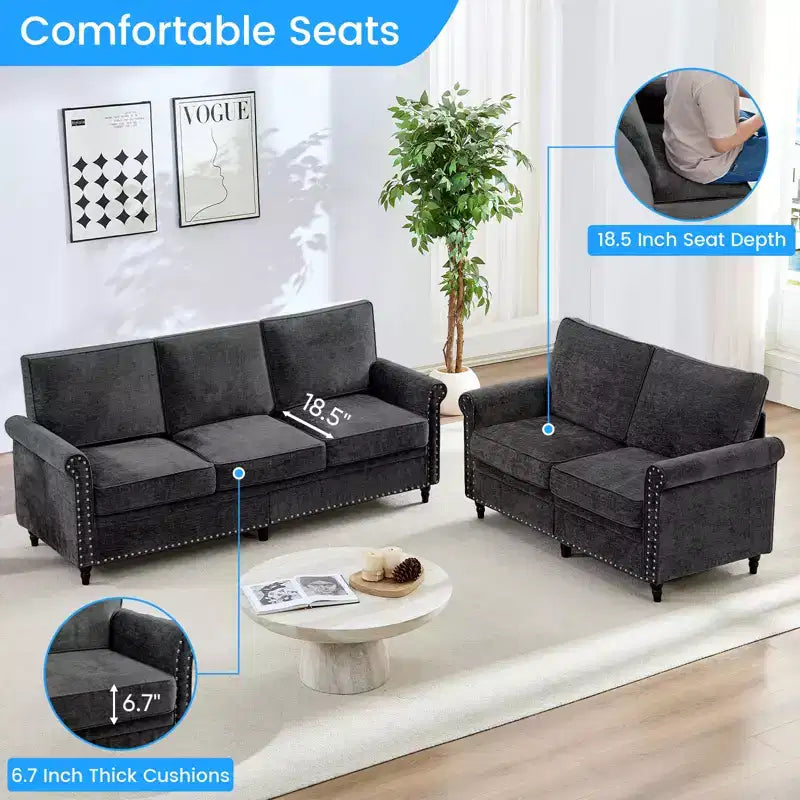 Mjkone 2 Piece Living Room Sofa Set with Riveted Design,Chenille W76''3-Seater Sofa Couch with W53''Loveseat Sofa