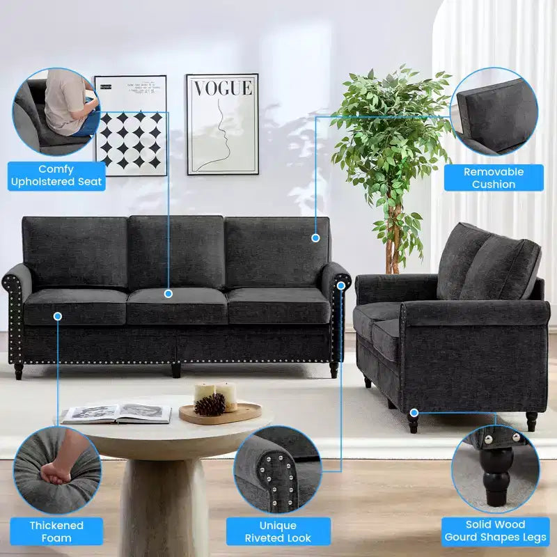 Mjkone 2 Piece Living Room Sofa Set with Riveted Design,Chenille W76''3-Seater Sofa Couch with W53''Loveseat Sofa