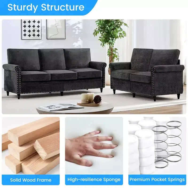 Mjkone 2 Piece Living Room Sofa Set with Riveted Design,Chenille W76''3-Seater Sofa Couch with W53''Loveseat Sofa