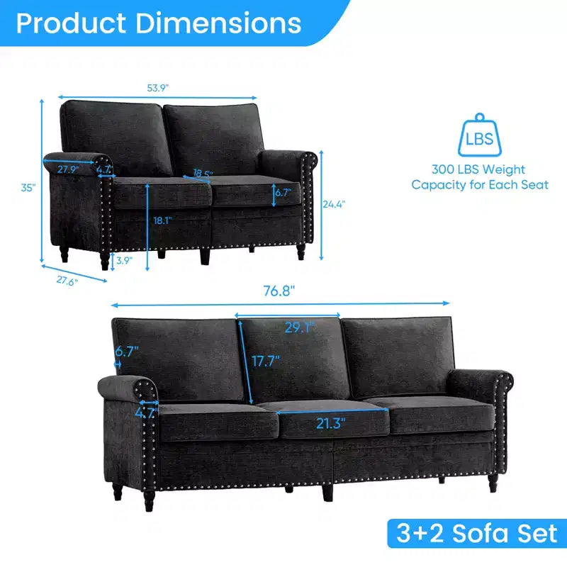 Mjkone 2 Piece Living Room Sofa Set with Riveted Design,Chenille W76''3-Seater Sofa Couch with W53''Loveseat Sofa
