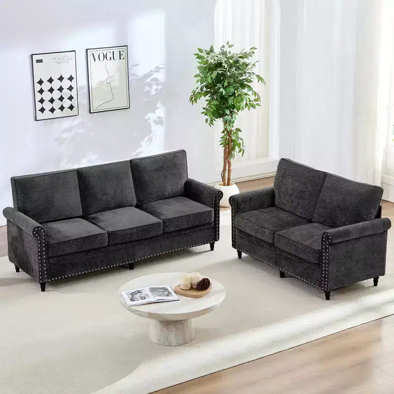Mjkone 2 Piece Living Room Sofa Set with Riveted Design,Chenille W76''3-Seater Sofa Couch with W53''Loveseat Sofa
