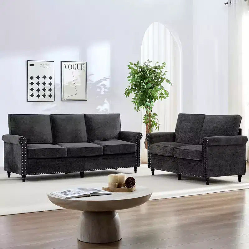 Mjkone 2 Piece Living Room Sofa Set with Riveted Design,Chenille W76''3-Seater Sofa Couch with W53''Loveseat Sofa