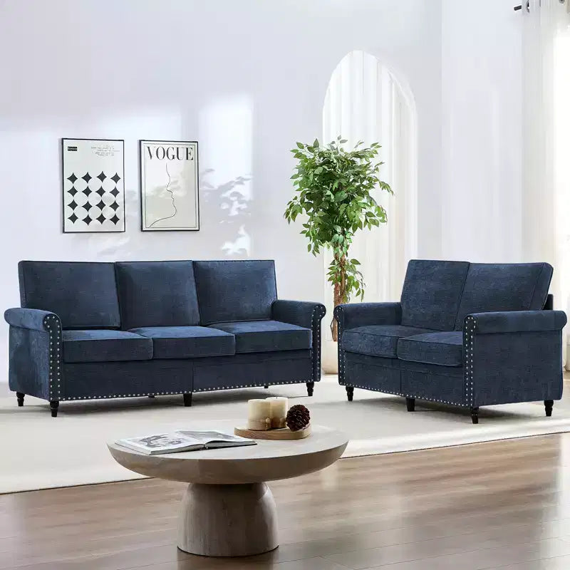 Mjkone 2 Piece Living Room Sofa Set with Riveted Design,Chenille W76''3-Seater Sofa Couch with W53''Loveseat Sofa