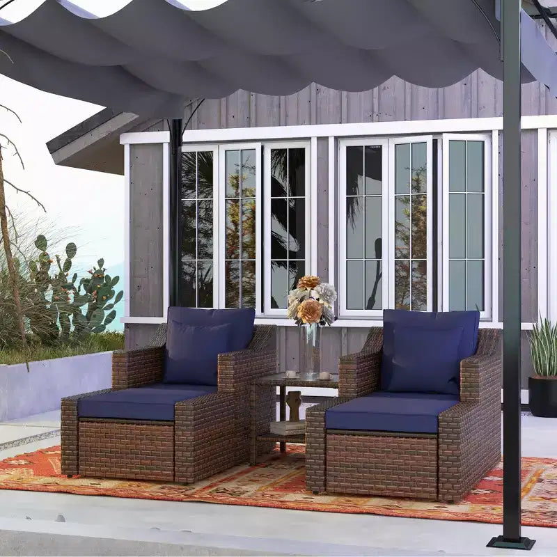 5pc Patio Furniture Set, All Weather PE Rattan Conversation Chair and Ottoman Set w/ Table, Cushion Pillows