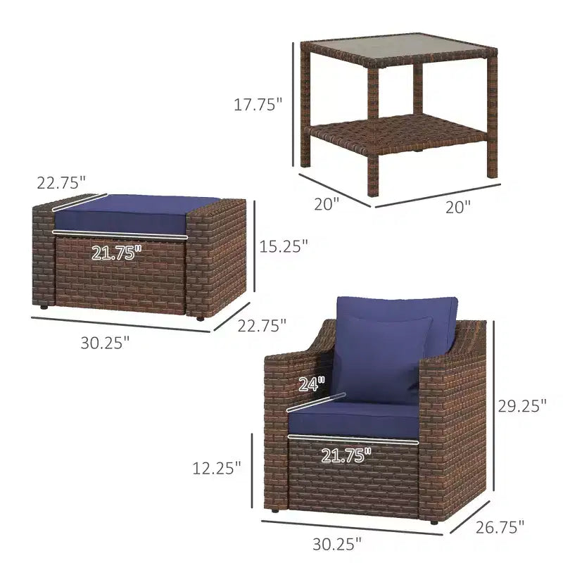 5pc Patio Furniture Set, All Weather PE Rattan Conversation Chair and Ottoman Set w/ Table, Cushion Pillows