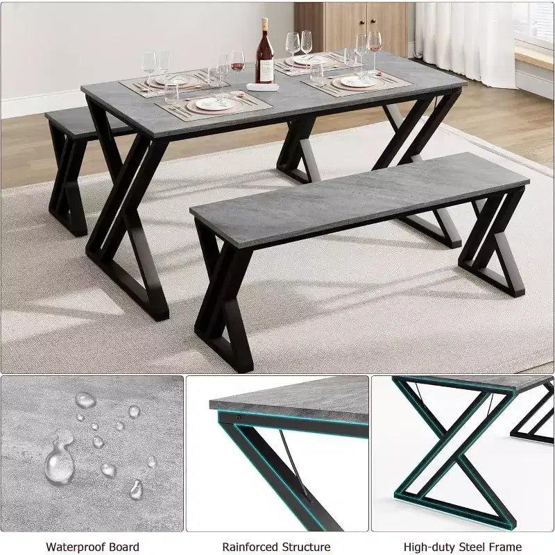 Dining Table Set for 4 with 2 Benches, Rectangular Kitchen Table, Sturdy Metal Frame, Space-Saving for Dining Room, Kitchen, Apartment