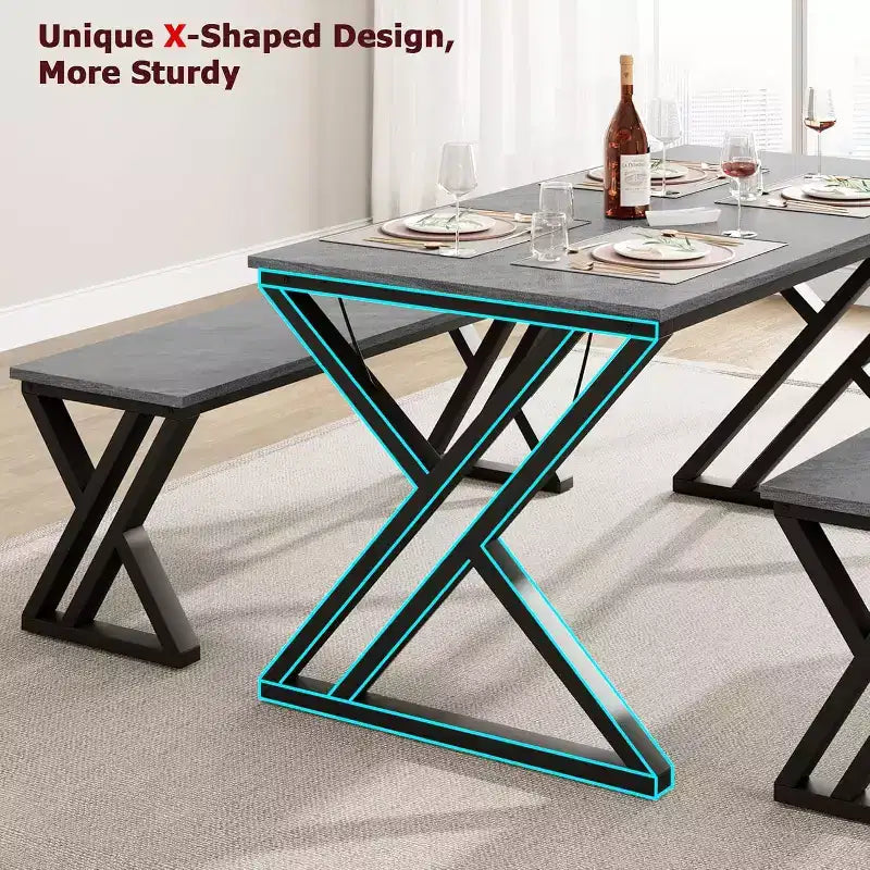 Dining Table Set for 4 with 2 Benches, Rectangular Kitchen Table, Sturdy Metal Frame, Space-Saving for Dining Room, Kitchen, Apartment