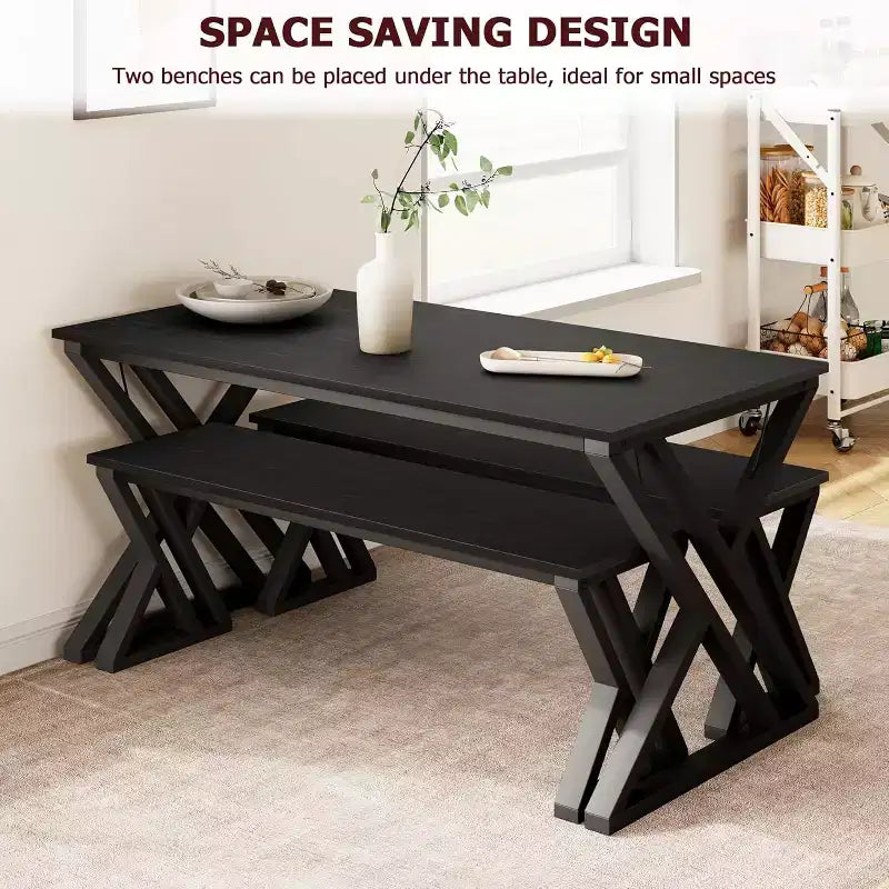 Dining Table Set for 4 with 2 Benches, Rectangular Kitchen Table, Sturdy Metal Frame, Space-Saving for Dining Room, Kitchen, Apartment