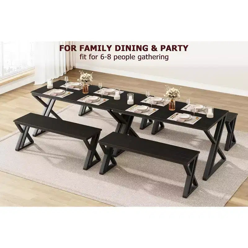 Dining Table Set for 4 with 2 Benches, Rectangular Kitchen Table, Sturdy Metal Frame, Space-Saving for Dining Room, Kitchen, Apartment