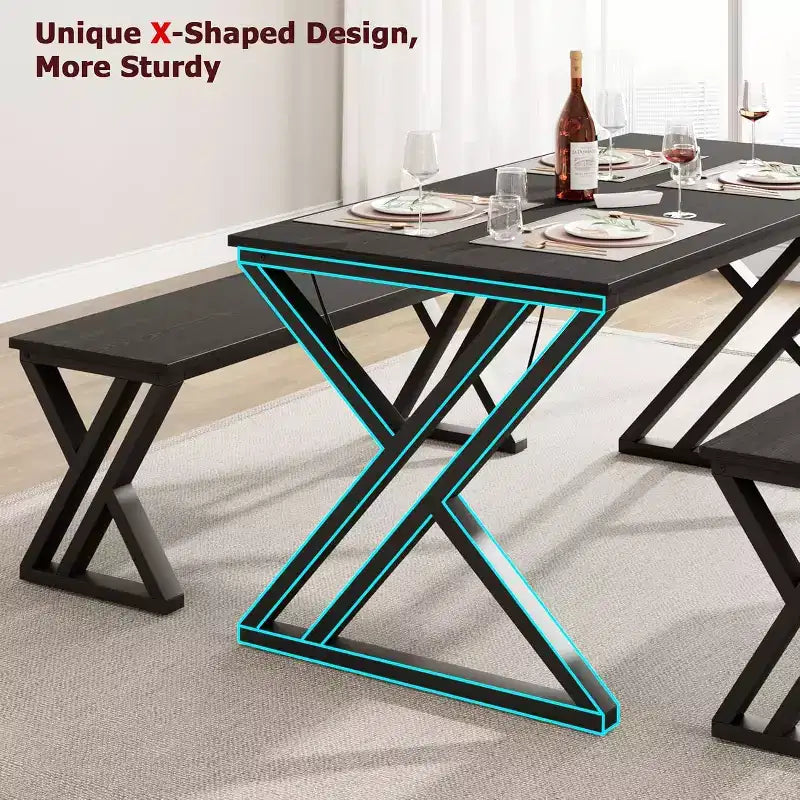 Dining Table Set for 4 with 2 Benches, Rectangular Kitchen Table, Sturdy Metal Frame, Space-Saving for Dining Room, Kitchen, Apartment