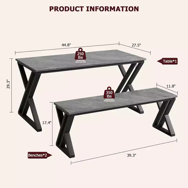 Dining Table Set for 4 with 2 Benches, Rectangular Kitchen Table, Sturdy Metal Frame, Space-Saving for Dining Room, Kitchen, Apartment