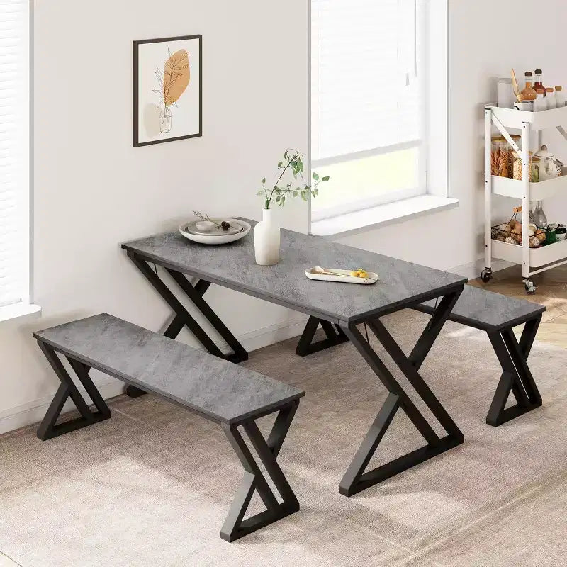 Dining Table Set for 4 with 2 Benches, Rectangular Kitchen Table, Sturdy Metal Frame, Space-Saving for Dining Room, Kitchen, Apartment