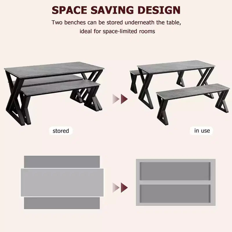 Dining Table Set for 4 with 2 Benches, Rectangular Kitchen Table, Sturdy Metal Frame, Space-Saving for Dining Room, Kitchen, Apartment
