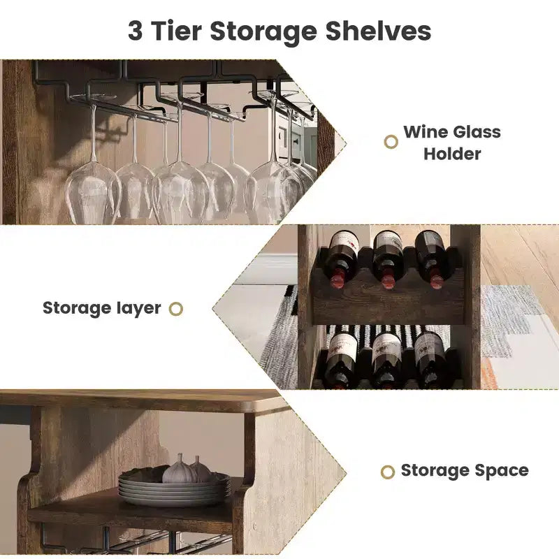 Bar Table and Chairs Set for 2, Space-Saving Dining Table with Triple-Tier Wine Rack and Glass Holder, for Kitchen, Dining Room or Home Bar, Brown
