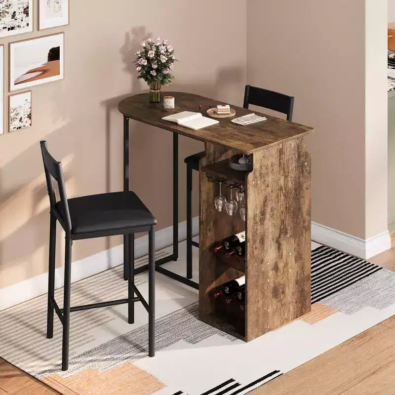 Bar Table and Chairs Set for 2, Space-Saving Dining Table with Triple-Tier Wine Rack and Glass Holder, for Kitchen, Dining Room or Home Bar, Brown