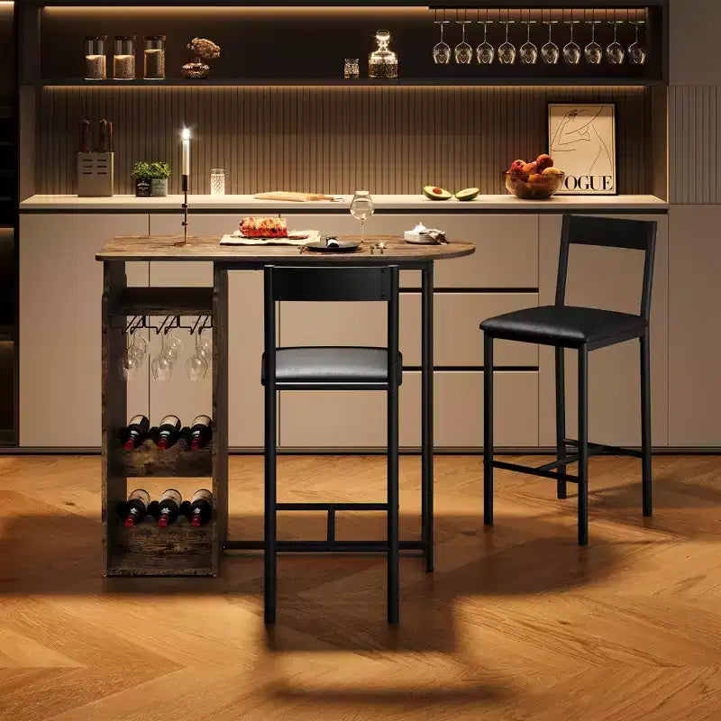 Bar Table and Chairs Set for 2, Space-Saving Dining Table with Triple-Tier Wine Rack and Glass Holder, for Kitchen, Dining Room or Home Bar, Brown
