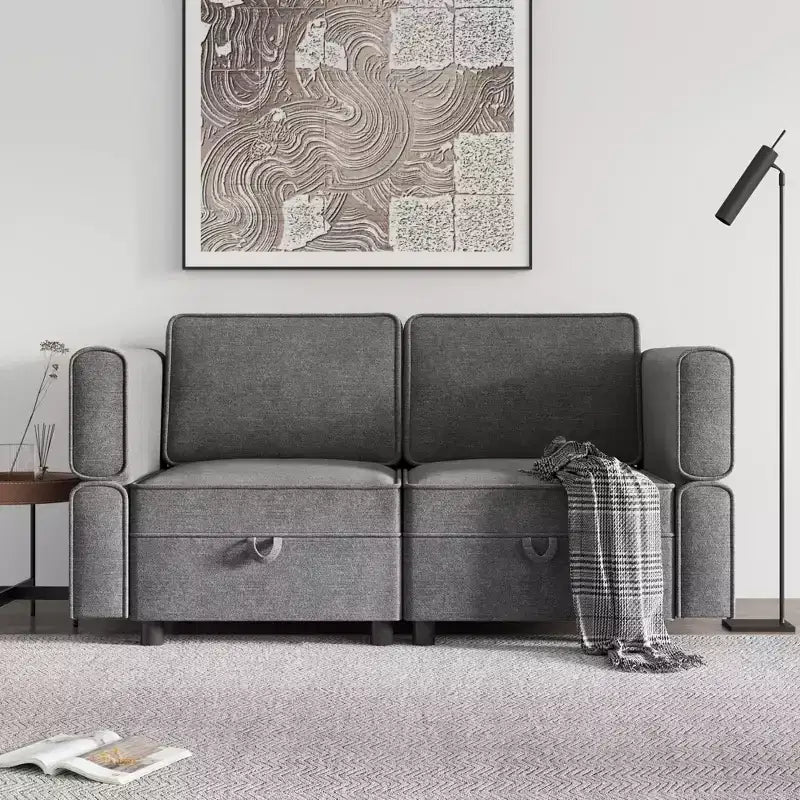 2-Piece Modular Sectional Set, 52 Loveseat-to-Bed, Tool-Free Click Connectors, 300 lb/Module, Ottoman Included, Corduroy, Dark Gray