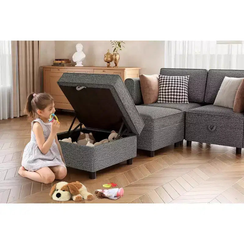2-Piece Modular Sectional Set, 52 Loveseat-to-Bed, Tool-Free Click Connectors, 300 lb/Module, Ottoman Included, Corduroy, Dark Gray