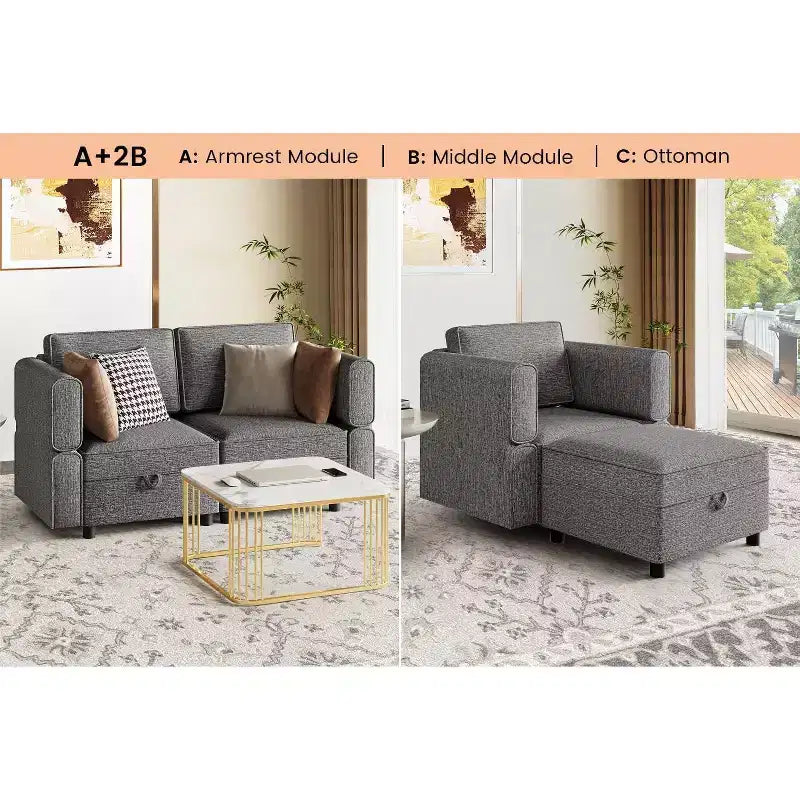 2-Piece Modular Sectional Set, 52 Loveseat-to-Bed, Tool-Free Click Connectors, 300 lb/Module, Ottoman Included, Corduroy, Dark Gray