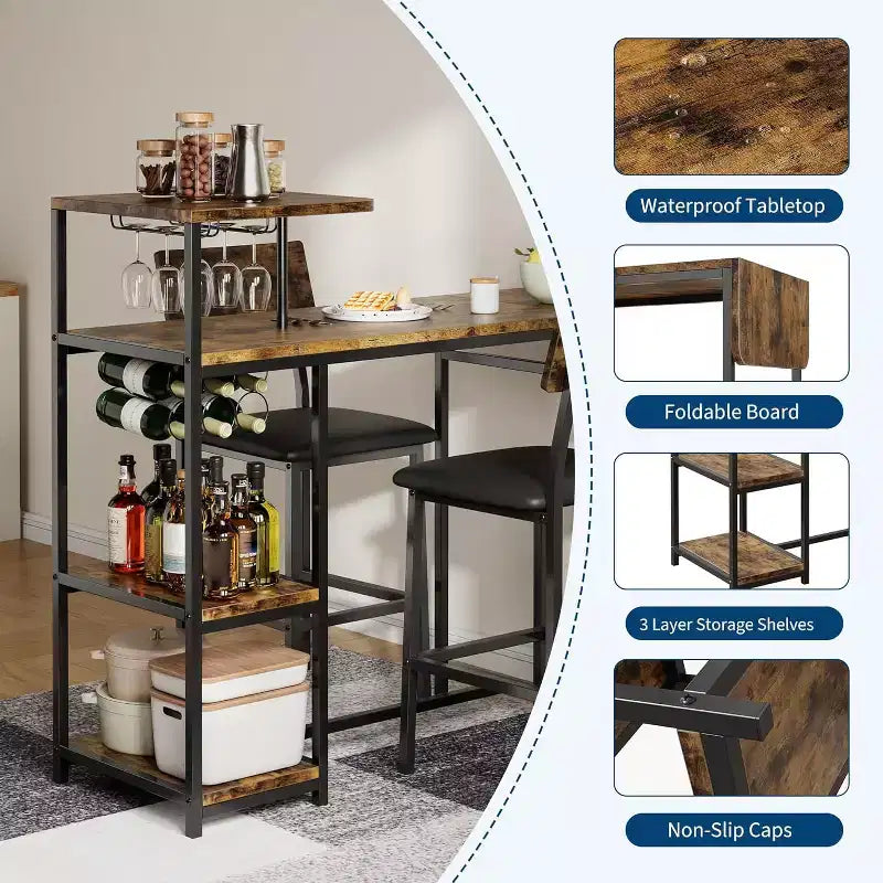 Ensemble table à manger Acekool extensible pour 2 personnes avec étagères de rangement et porte-bouteilles, table de bar et chaises 3 pièces compactes
