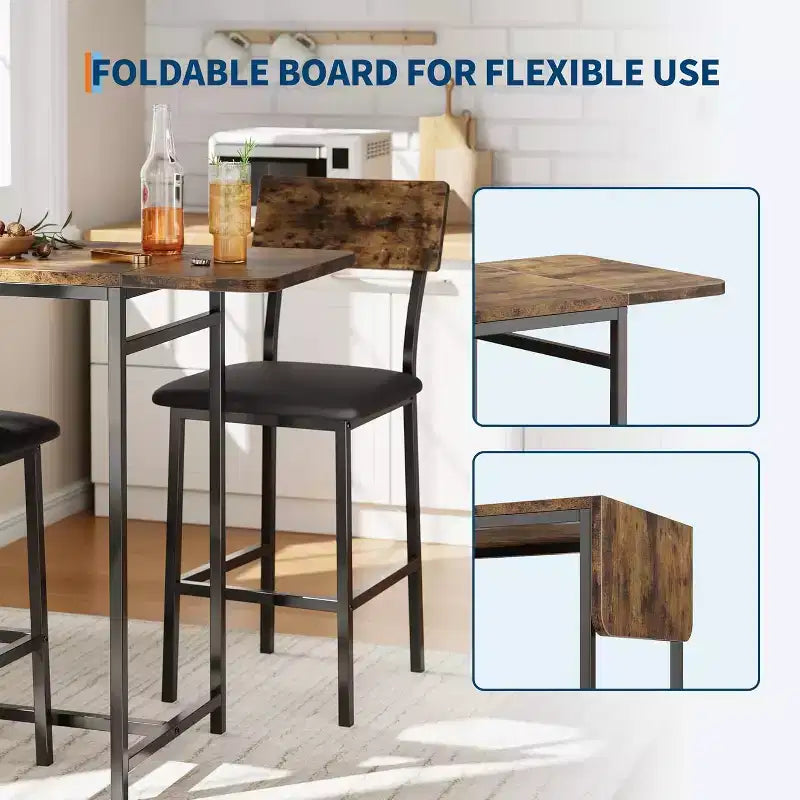 Ensemble table à manger Acekool extensible pour 2 personnes avec étagères de rangement et porte-bouteilles, table de bar et chaises 3 pièces compactes