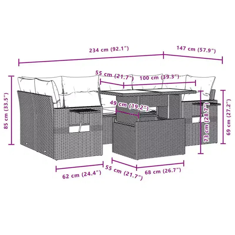 vidaXL Salon de jardin avec coussins, table et canapés, 7 pièces, en rotin synthétique