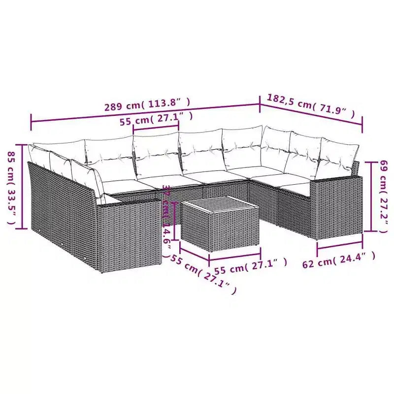 vidaXL 10 Piece Patio Sofa Set with Cushions Black Poly Rattan - Black 5x middle + Table + 2x corner