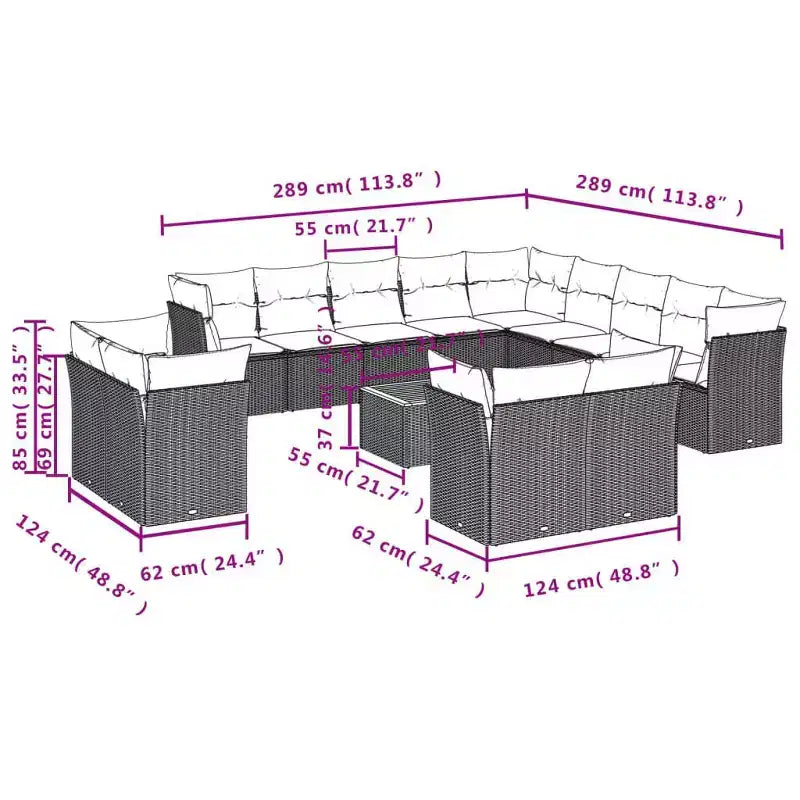 vidaXL 14 Piece Patio Sofa Set with Cushions Poly Rattan