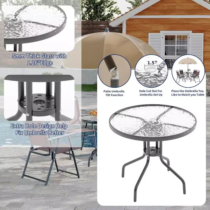 COZONY Patio Dining Set for 4, 6 Piece Outdoor Furniture 4 Folding Chairs Table Tempered Glass Top for Garden Deck Poolside