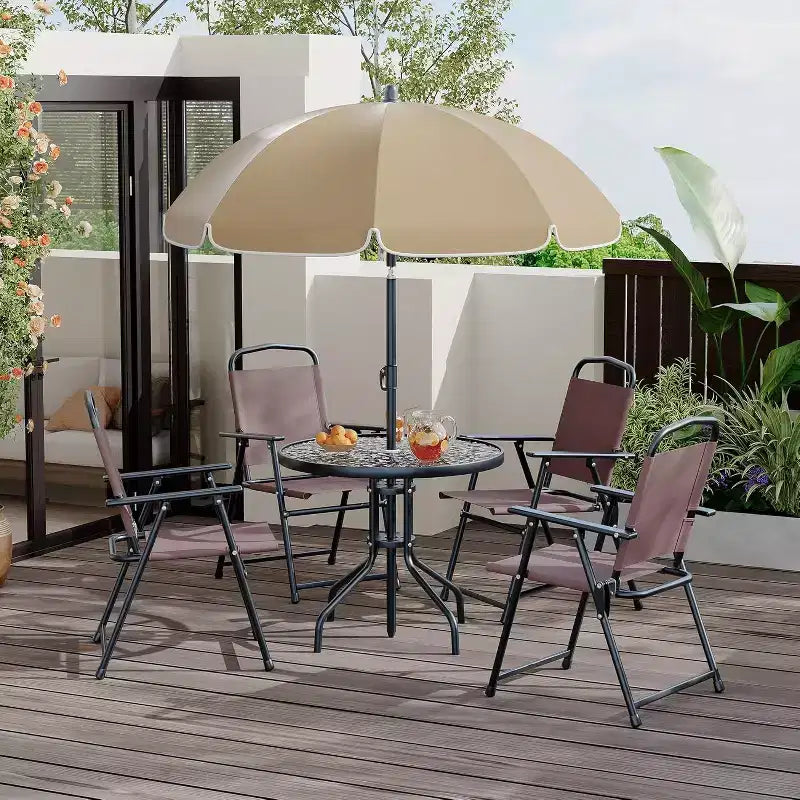 COZONY Patio Dining Set for 4, 6 Piece Outdoor Furniture 4 Folding Chairs Table Tempered Glass Top for Garden Deck Poolside
