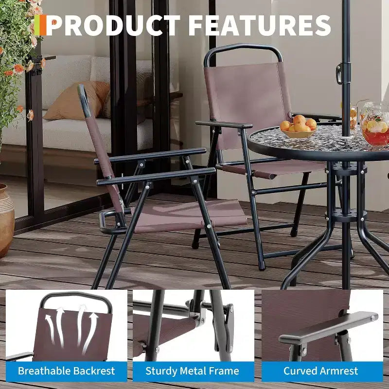 COZONY Patio Dining Set for 4, 6 Piece Outdoor Furniture 4 Folding Chairs Table Tempered Glass Top for Garden Deck Poolside