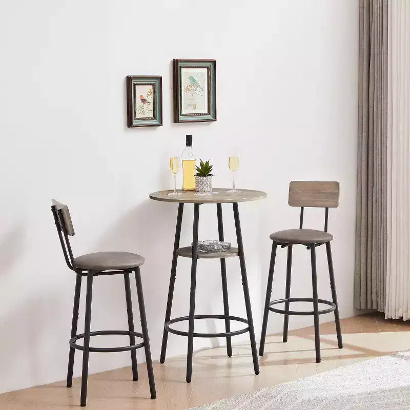 3-Piece Industrial Round Counter Height Dining Table Set with 2 PU Soft Counter Height Stools, Space-Saving Kitchen or Home Bar-Panipeachy