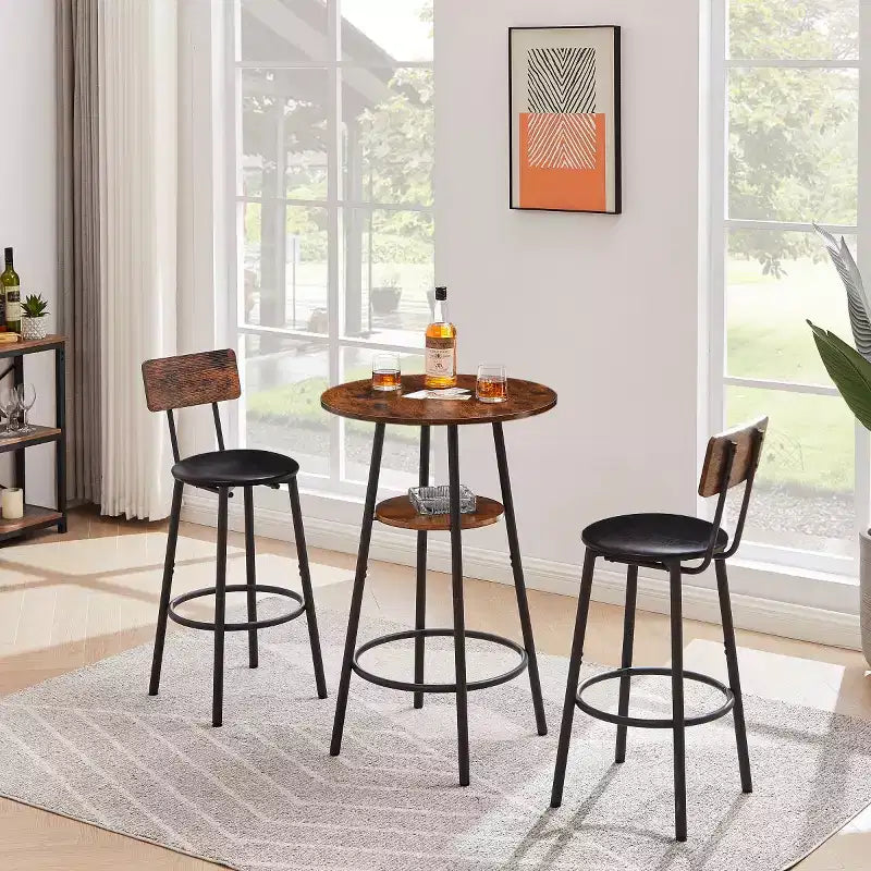 3-Piece Industrial Round Counter Height Dining Table Set with 2 PU Soft Counter Height Stools, Space-Saving Kitchen or Home Bar-Panipeachy
