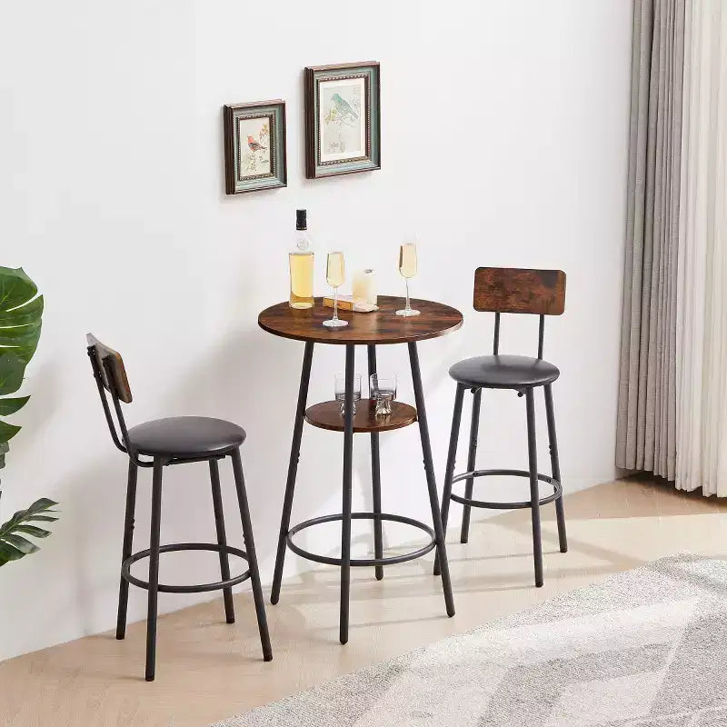 3-Piece Industrial Round Counter Height Dining Table Set with 2 PU Soft Counter Height Stools, Space-Saving Kitchen or Home Bar-Panipeachy