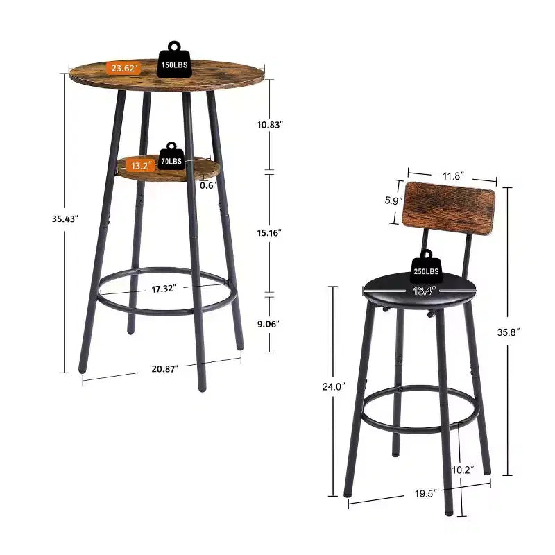 3-Piece Industrial Round Counter Height Dining Table Set with 2 PU Soft Counter Height Stools, Space-Saving Kitchen or Home Bar-Panipeachy