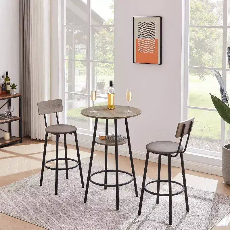 3-Piece Industrial Round Counter Height Dining Table Set with 2 PU Soft Counter Height Stools, Space-Saving Kitchen or Home Bar-Panipeachy