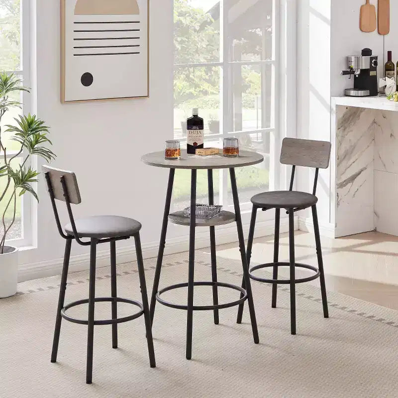 3-Piece Industrial Round Counter Height Dining Table Set with 2 PU Soft Counter Height Stools, Space-Saving Kitchen or Home Bar-Panipeachy