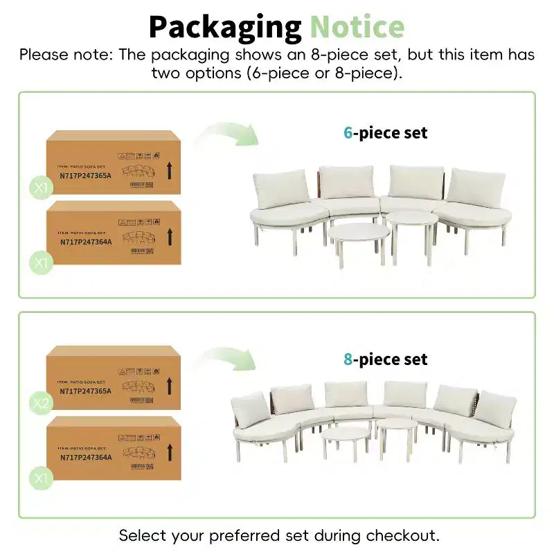 MAYEERTY 8 Pieces Patio Sofa Furniture Set, Half Moon Outdoor Sectional Sofa with 2 High-Low Coffee Tables 6 Pillows & Cushions Beige