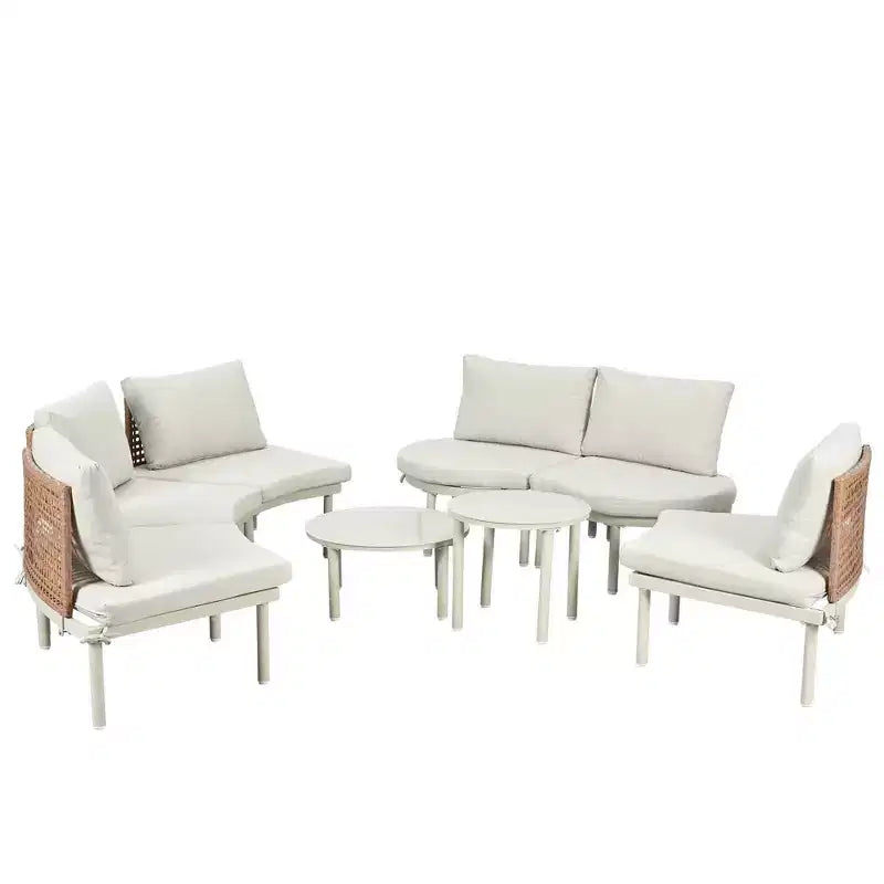 MAYEERTY 8 Pieces Patio Sofa Furniture Set, Half Moon Outdoor Sectional Sofa with 2 High-Low Coffee Tables 6 Pillows & Cushions Beige