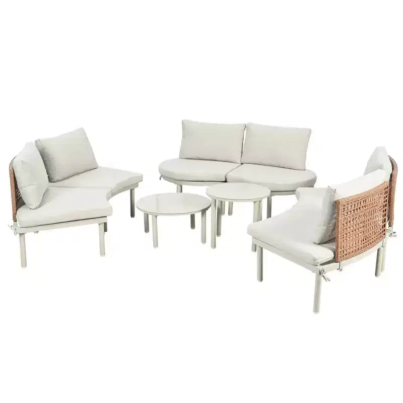 MAYEERTY 8 Pieces Patio Sofa Furniture Set, Half Moon Outdoor Sectional Sofa with 2 High-Low Coffee Tables 6 Pillows & Cushions Beige
